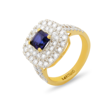 Sqaure Blue Sapphire  Diamond Ring in 14 K Yellow Gold